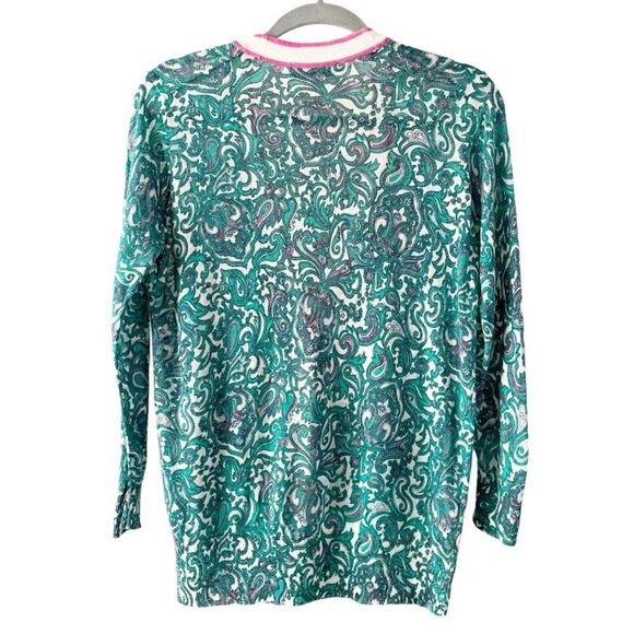 LOFT Green Pink Paisley Ramie V Neck Button Front Sheer Long Sleeve Cardigan M - Picture 5 of 12